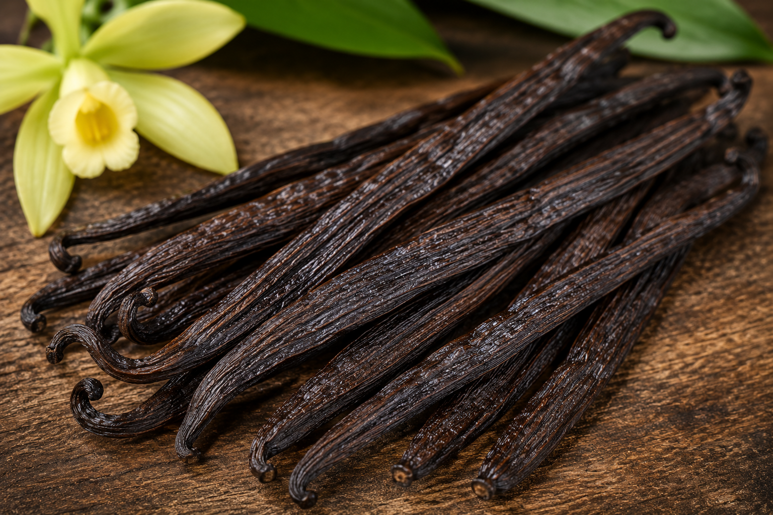Cured vanilla pods tied in a bundle
