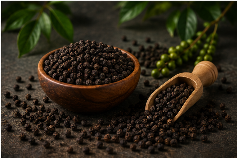 Whole black peppercorns