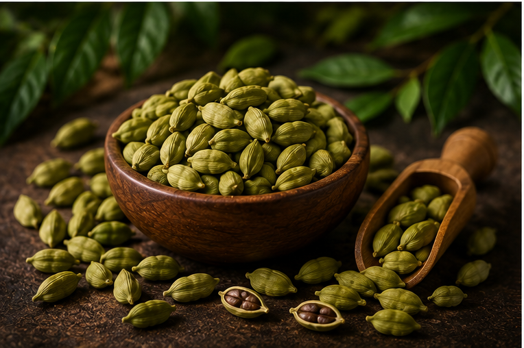 Green cardamom pods in a wooden scoop