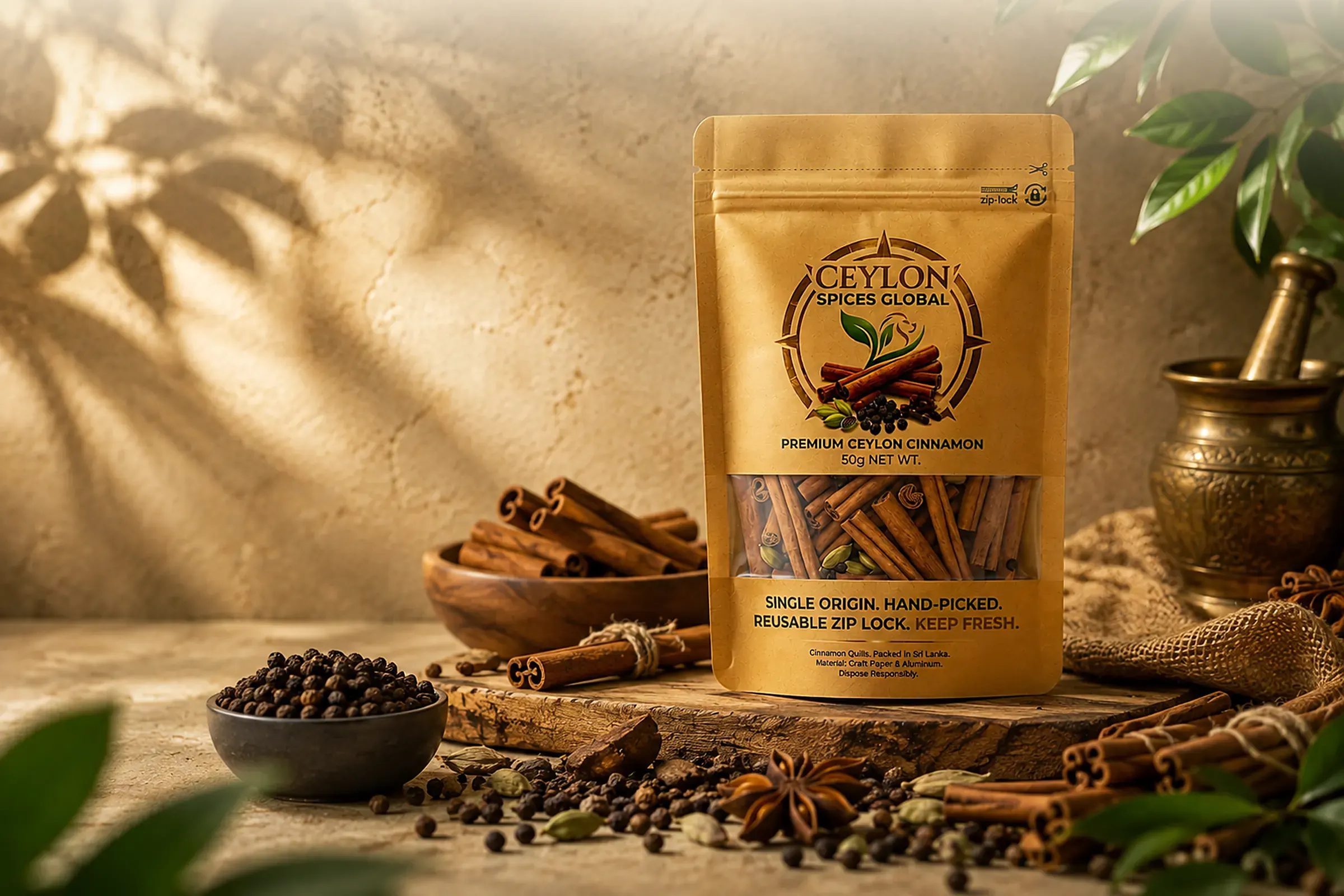 A pouch of Ceylon Spices Global premium Ceylon cinnamon on a wooden board, surrounded by cinnamon quills, black peppercorns, cardamom pods and star anise, with a brass mortar and pestle behind